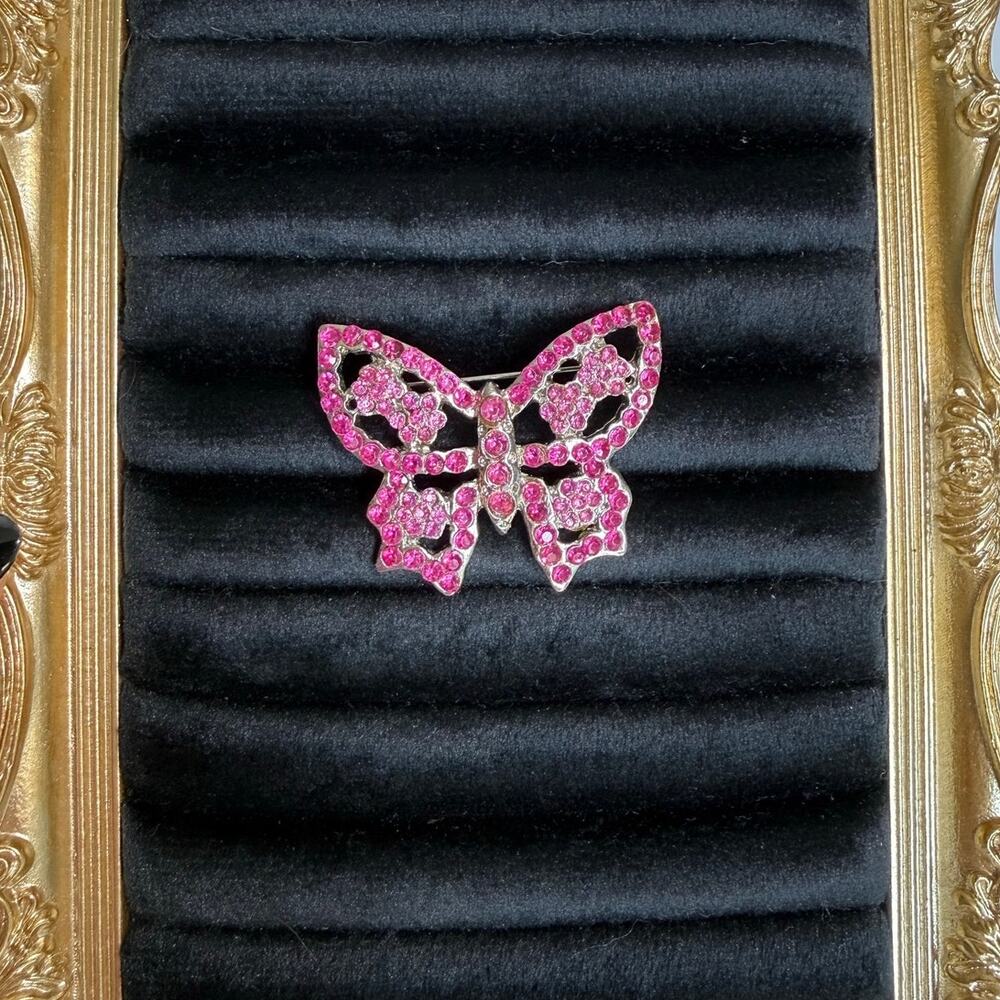 Vintage Pink Rhinestone Butterfly Brooch Pin Silver Tone Statement Jewelry